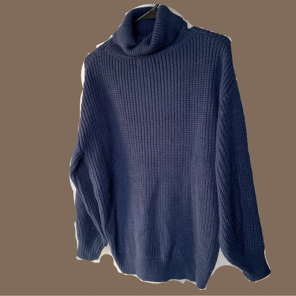 Blue Turtleneck Cable Knit Sweater - Picture 3 of 6